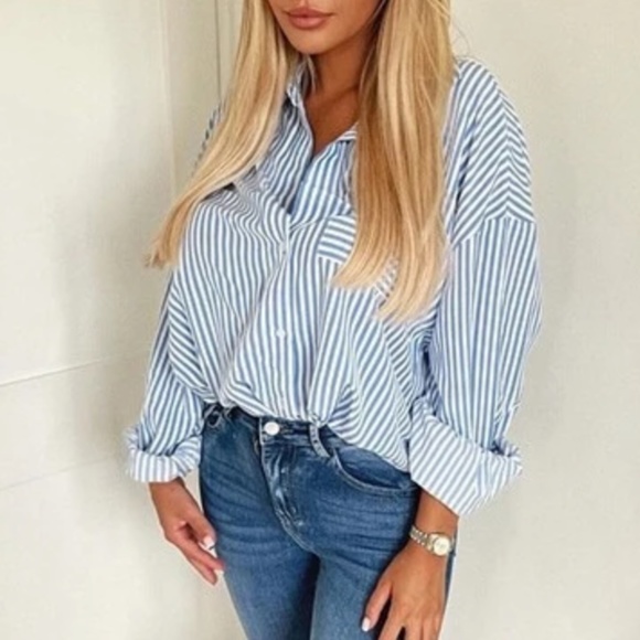 Classic Oversized Striped Button Down Boyfriend Shirt - Picture 2 of 8